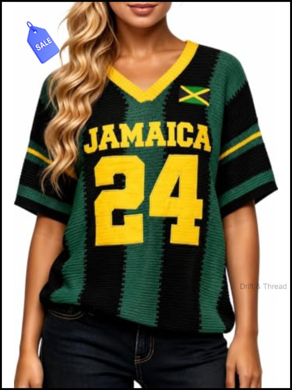 Oversized Striped Crochet Graphic Jersey Shirt Short Sleeve Pullover Top